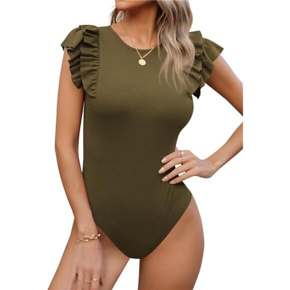 Women's Round Neck Ruffle Flutter Sleeve Bodysuit Olive Green - Picture 1 of 7